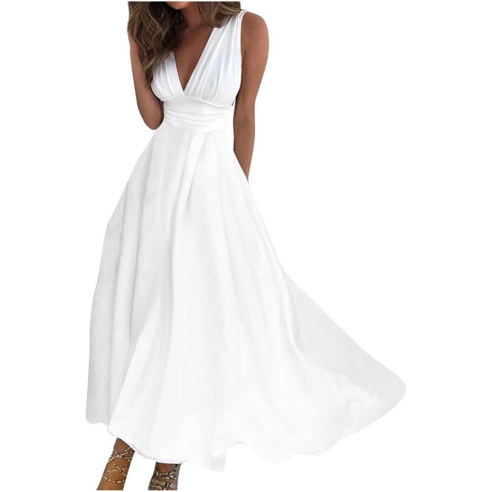 image:imageGnrique Robe Femme Chic Et Elegant BohMe Maxi Robe UnieTaille Haute Vacances Dress T DContractE Robes Vintage Manches Courtes Col V Casual Robes De Soire Bal Mariage FteA White