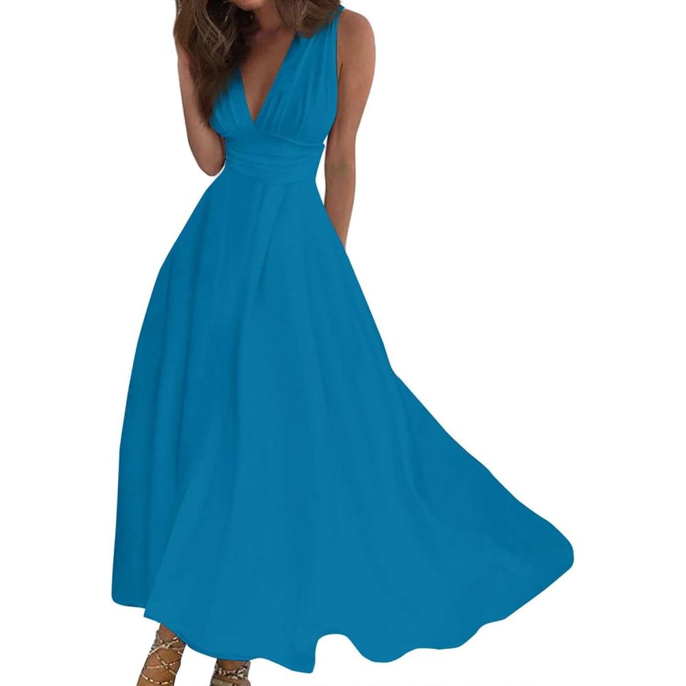 image:imageGnrique Robe Femme Chic Et Elegant BohMe Maxi Robe UnieTaille Haute Vacances Dress T DContractE Robes Vintage Manches Courtes Col V Casual Robes De Soire Bal Mariage FteA Sky Blue