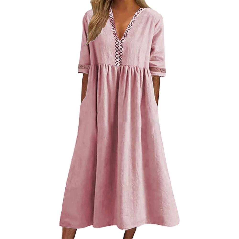 image:imageRobe Dt Longue pour Femme Robe De Plage Longue Decontracte Imprime Manche Courte T Boho Maxi Grande Taille lgante Casual Dress Plisse pour Femmes avec Poches Robe de Soire LongueIrouge