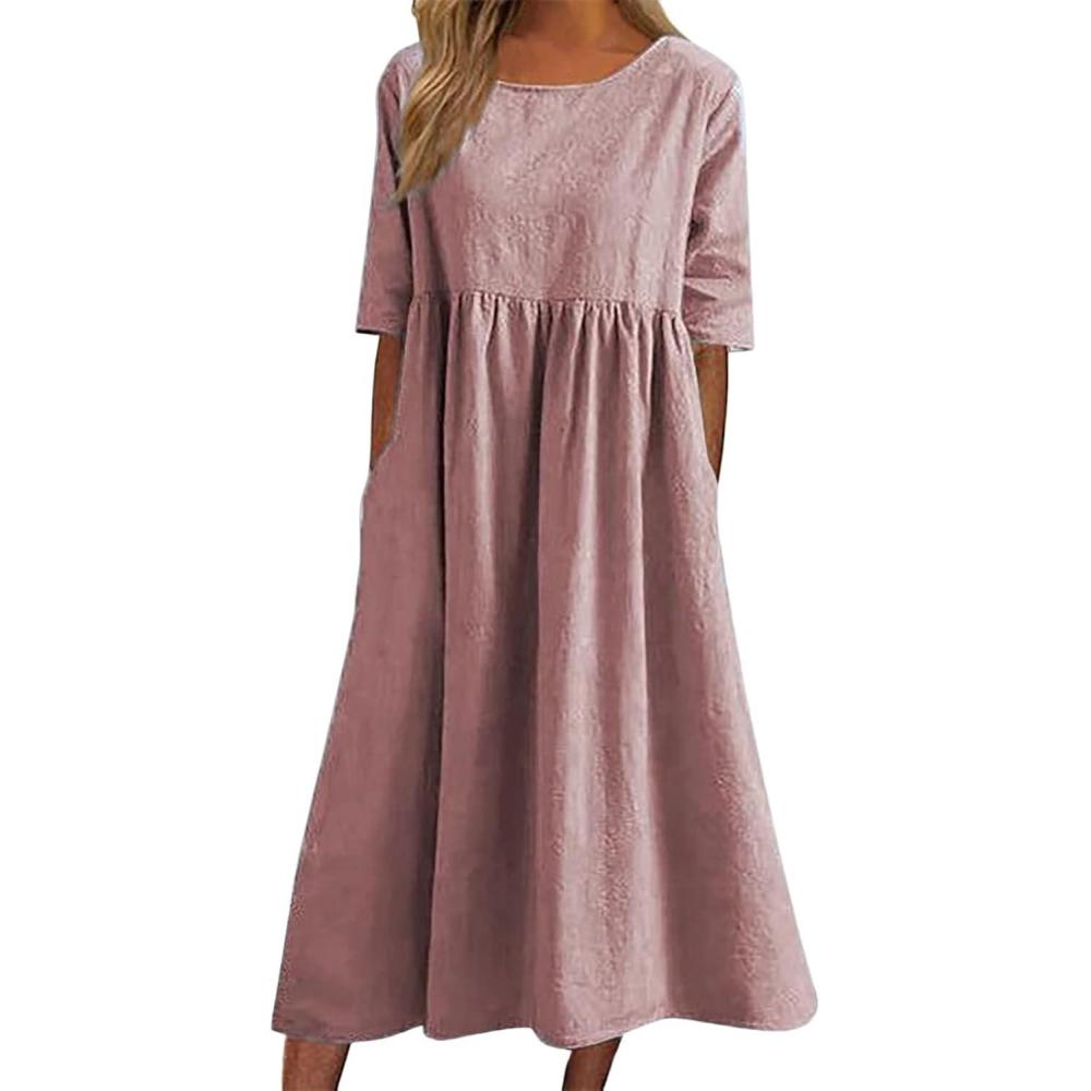 image:imageRobe Dt Longue pour Femme Robe De Plage Longue Decontracte Imprime Manche Courte T Boho Maxi Grande Taille lgante Casual Dress Plisse pour Femmes avec Poches Robe de Soire LongueBrouge