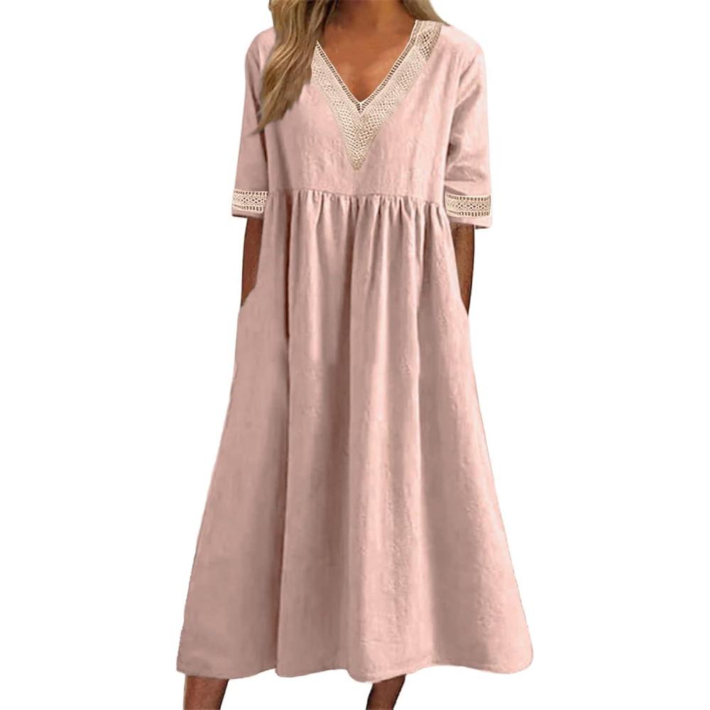 image:imageRobe Dt Longue pour Femme Robe De Plage Longue Decontracte Imprime Manche Courte T Boho Maxi Grande Taille lgante Casual Dress Plisse pour Femmes avec Poches Robe de Soire LongueJrouge