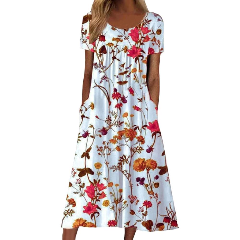 image:imageRobe Dt Longue pour Femme Robe De Plage Longue Decontracte Imprime Manche Courte T Boho Maxi Grande Taille lgante Casual Dress Plisse pour Femmes avec Poches Robe de Soire LongueArouge
