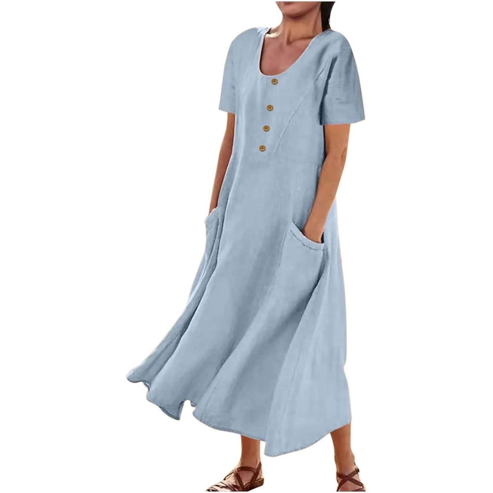 image:image2025 Robe Dt pour Femme Robes en Coton Lin Manches Courtes Robe de Plage Dcontracte Col en Rond Chic et Elegant Jupe Lche et Respirant Couleur Unie Boho Ete MiLongue Dress Robes de Soleila03Bleu clair