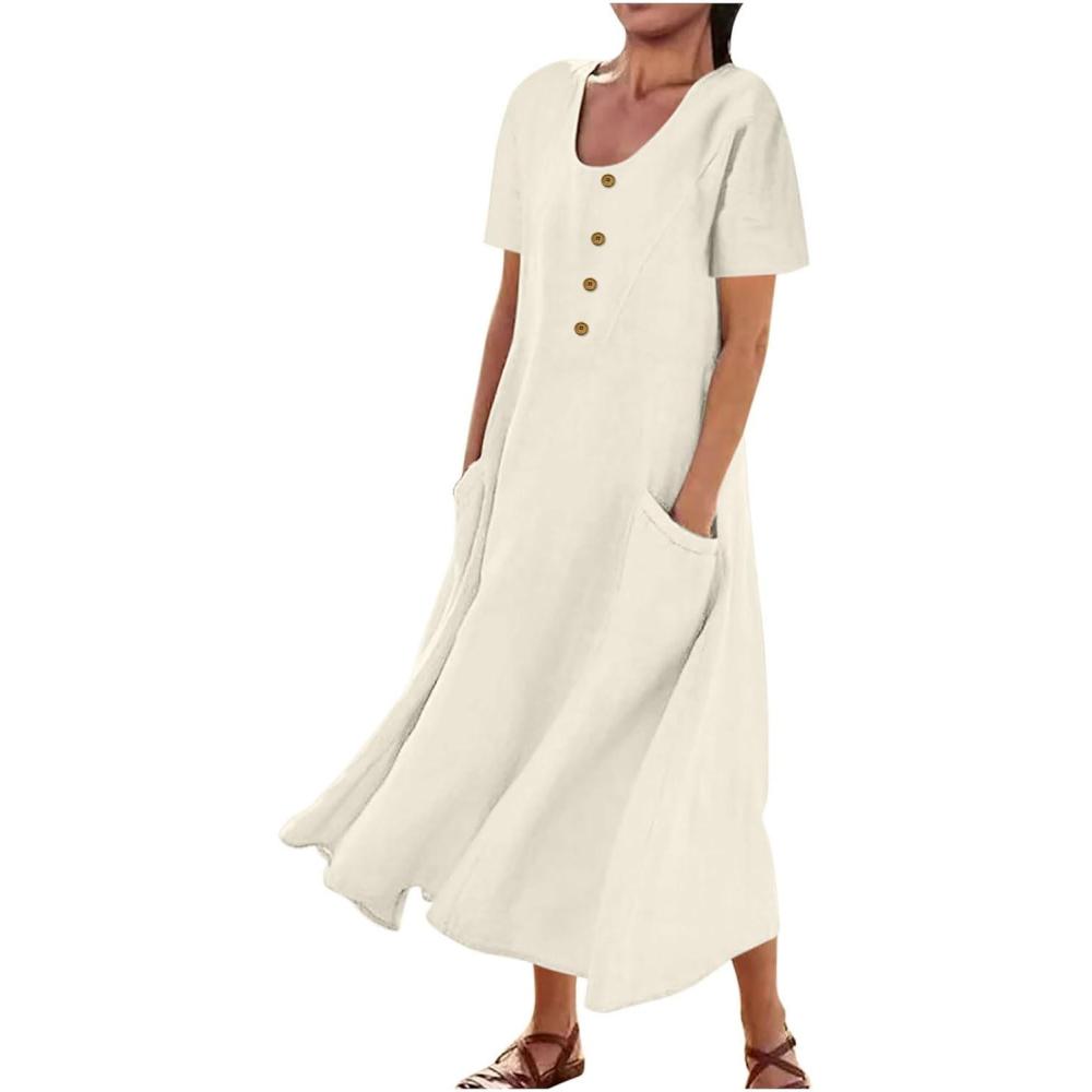 image:image2025 Robe Dt pour Femme Robes en Coton Lin Manches Courtes Robe de Plage Dcontracte Col en Rond Chic et Elegant Jupe Lche et Respirant Couleur Unie Boho Ete MiLongue Dress Robes de Soleila04Beige