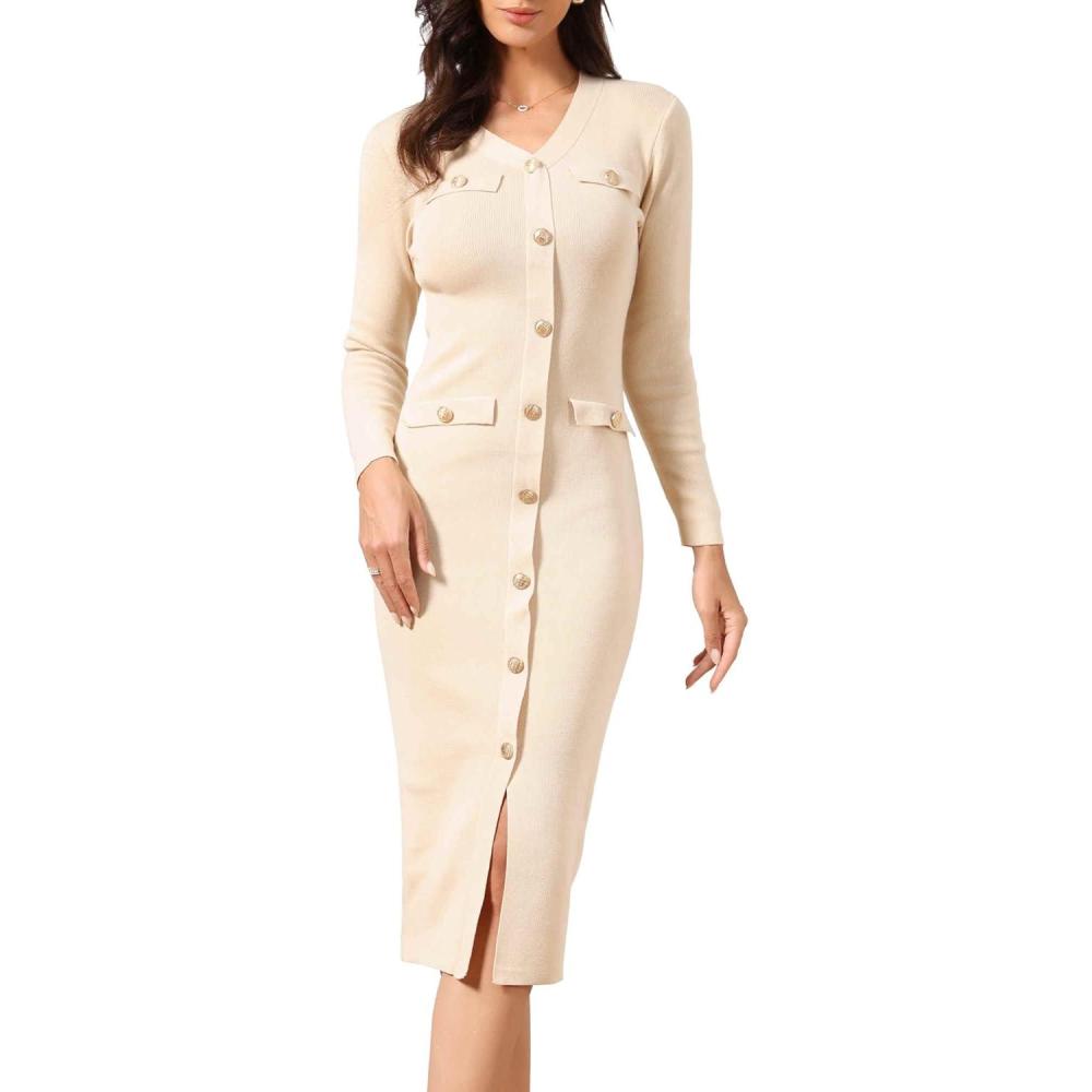 image:imageAllegra K Robe Pull Moulante Femme 2025 Col en V Manches Longues Boutonne Robe MiLongue en TricotAbricot