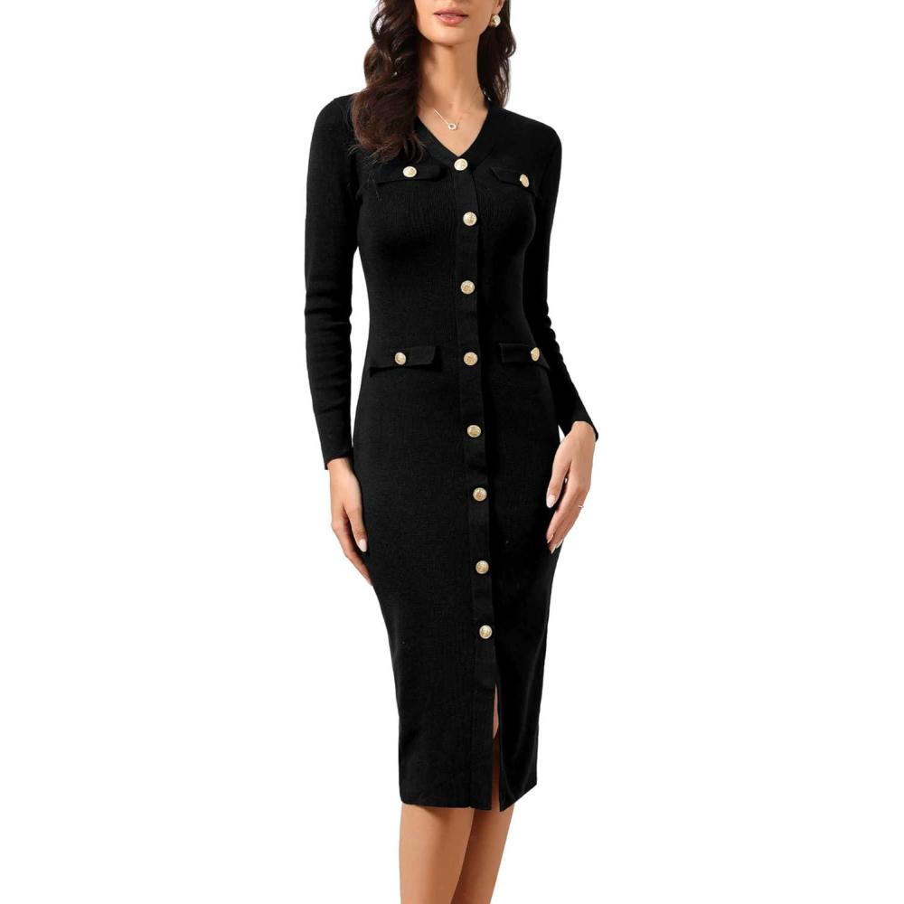 image:imageAllegra K Robe Pull Moulante Femme 2025 Col en V Manches Longues Boutonne Robe MiLongue en TricotNoir