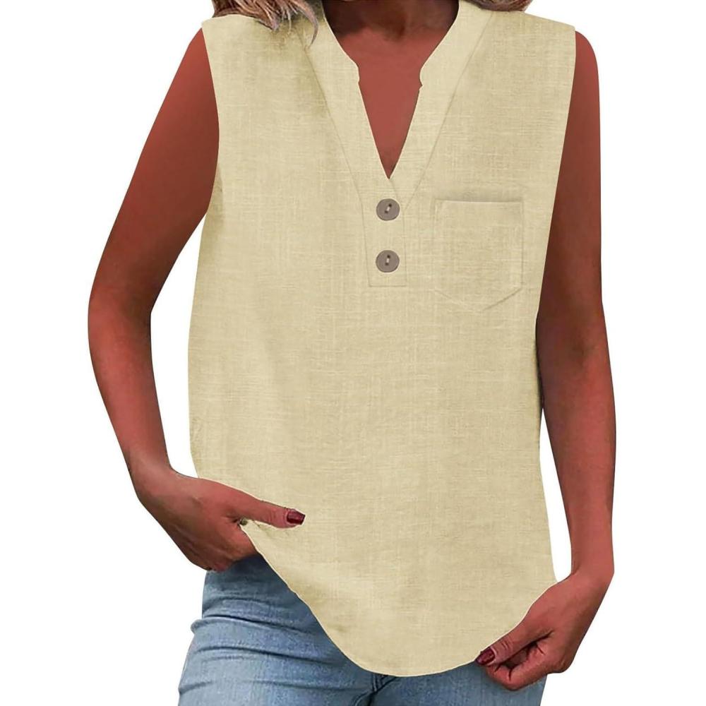 image:imageDbardeur Femme en Coton Et Lin Dbardeur pour Femme sans Manches en Lin Col V TShirt Haut Dt avec Bouton Dcontract Basique Dbardeurs t Lger Respirant Vetement SoldeBeige