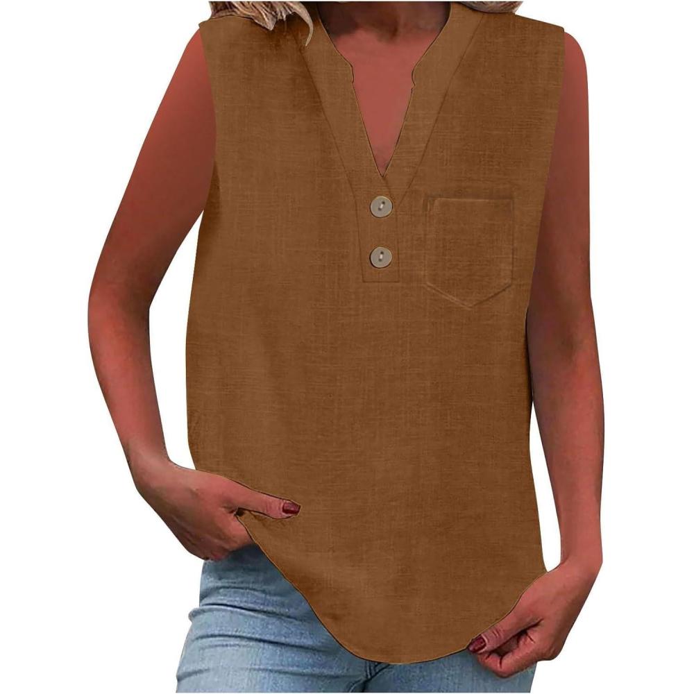 image:imageDbardeur Femme en Coton Et Lin Dbardeur pour Femme sans Manches en Lin Col V TShirt Haut Dt avec Bouton Dcontract Basique Dbardeurs t Lger Respirant Vetement SoldeBrun