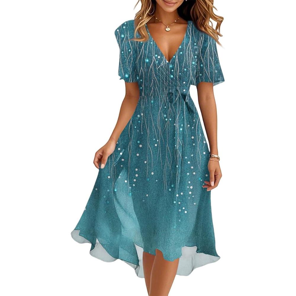image:imageGnrique Robe Femme Chic Et Elegant Robes Longue Femmes Ete Boheme Robe de Plage Femme Dcontract Robes de Soire Sexy Unie Manches Courtes Col V Imprim Casual Respirant Dress pour FTerI Blue