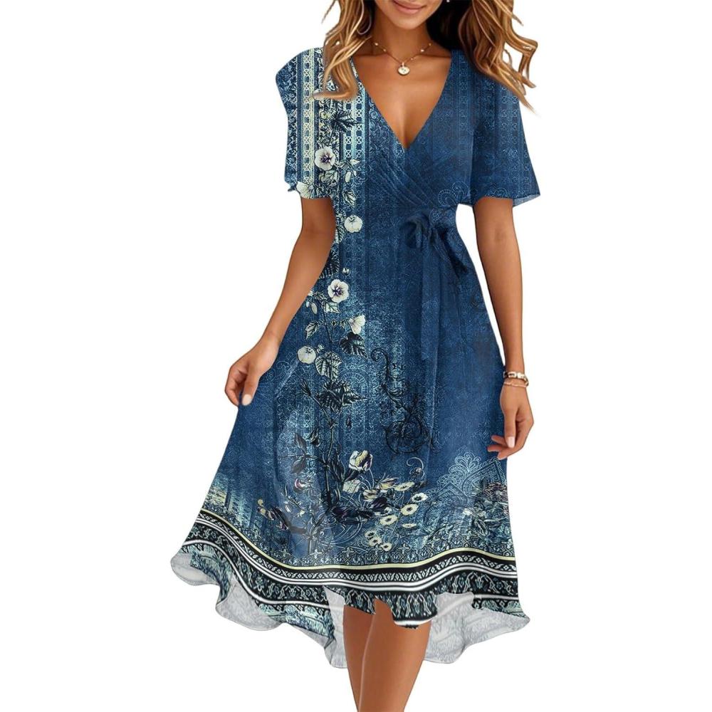 image:imageGnrique Robe Femme Chic Et Elegant Robes Longue Femmes Ete Boheme Robe de Plage Femme Dcontract Robes de Soire Sexy Unie Manches Courtes Col V Imprim Casual Respirant Dress pour FTerI Dark Blue