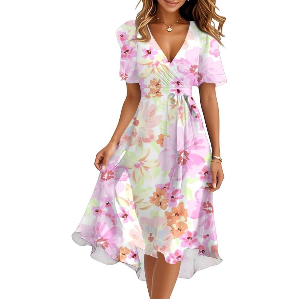 image:imageGnrique Robe Femme Chic Et Elegant Robes Longue Femmes Ete Boheme Robe de Plage Femme Dcontract Robes de Soire Sexy Unie Manches Courtes Col V Imprim Casual Respirant Dress pour FTerC Light Pink