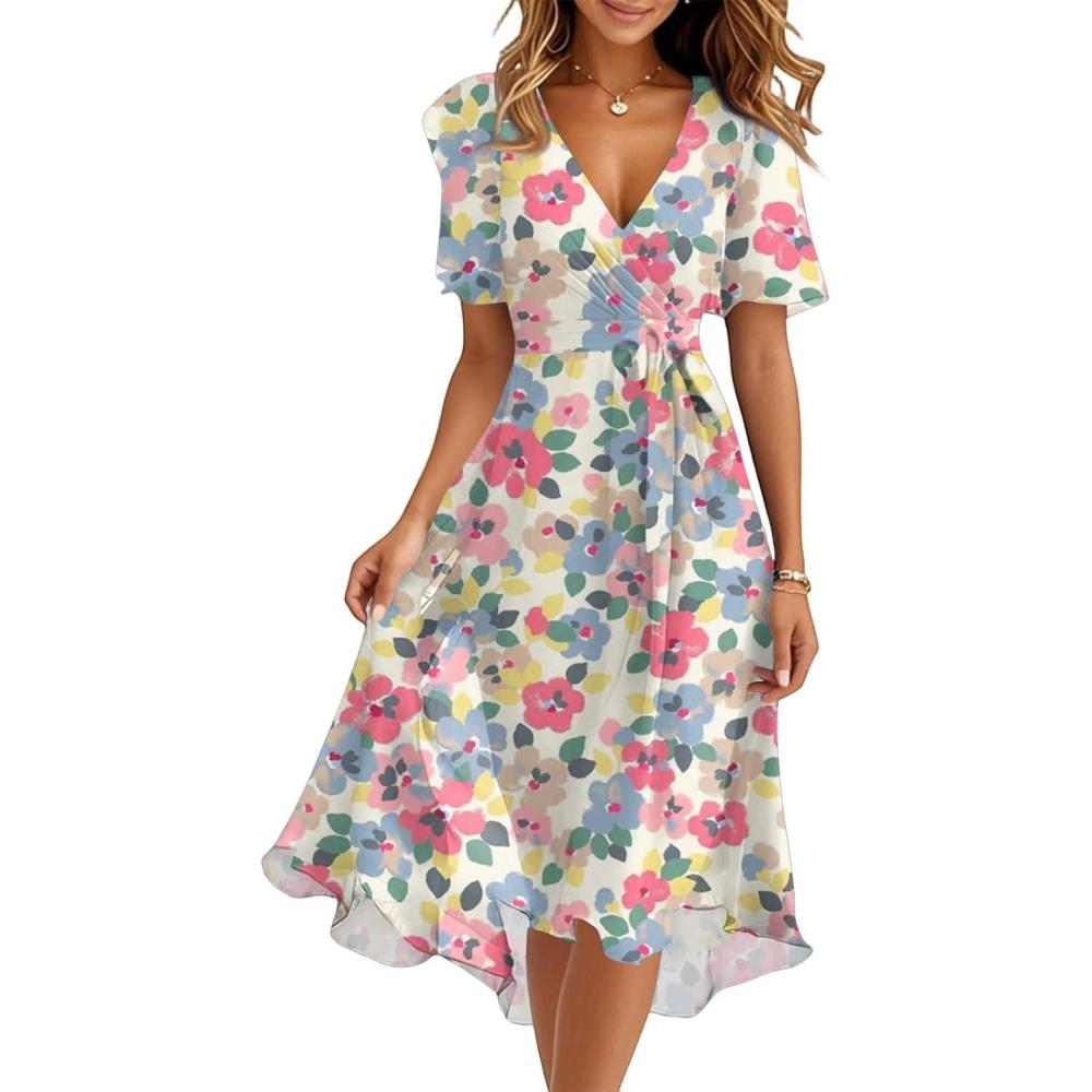 image:imageGnrique Robe Femme Chic Et Elegant Robes Longue Femmes Ete Boheme Robe de Plage Femme Dcontract Robes de Soire Sexy Unie Manches Courtes Col V Imprim Casual Respirant Dress pour FTerC Pink