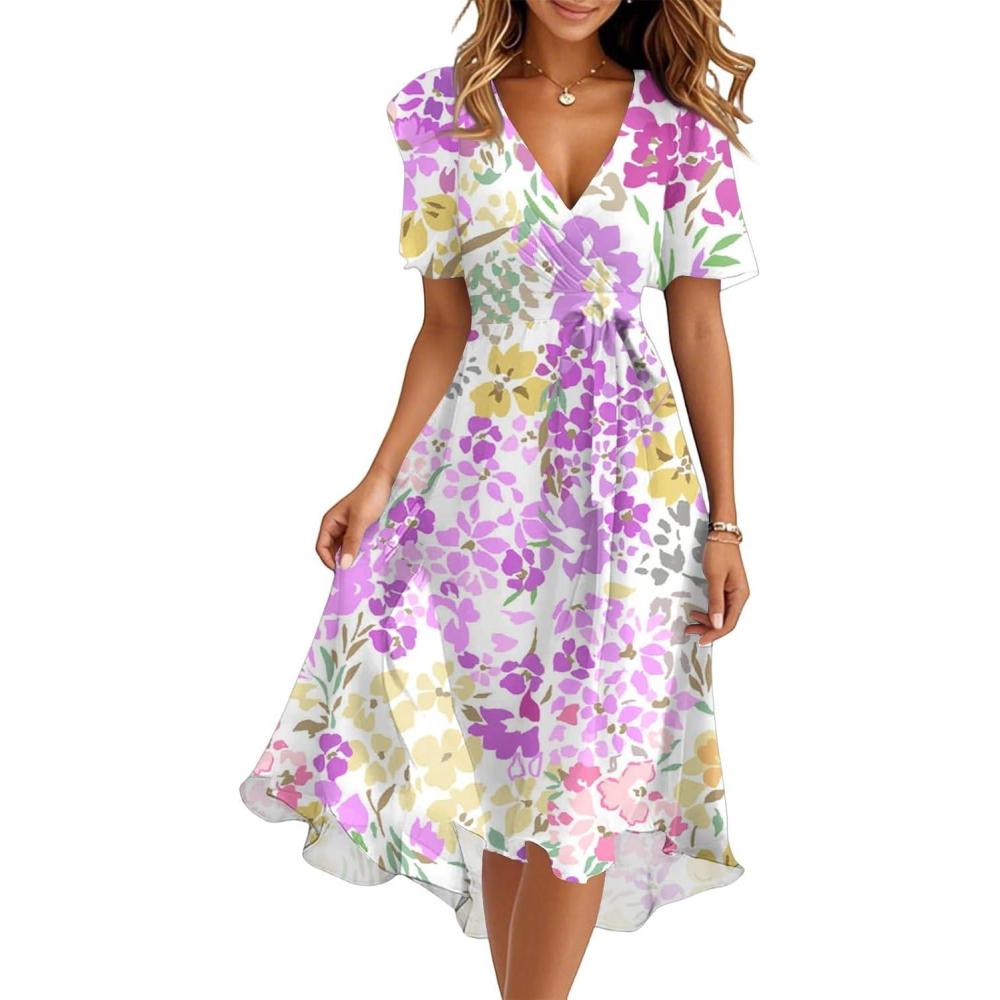 image:imageGnrique Robe Femme Chic Et Elegant Robes Longue Femmes Ete Boheme Robe de Plage Femme Dcontract Robes de Soire Sexy Unie Manches Courtes Col V Imprim Casual Respirant Dress pour FTerC Purple Pink