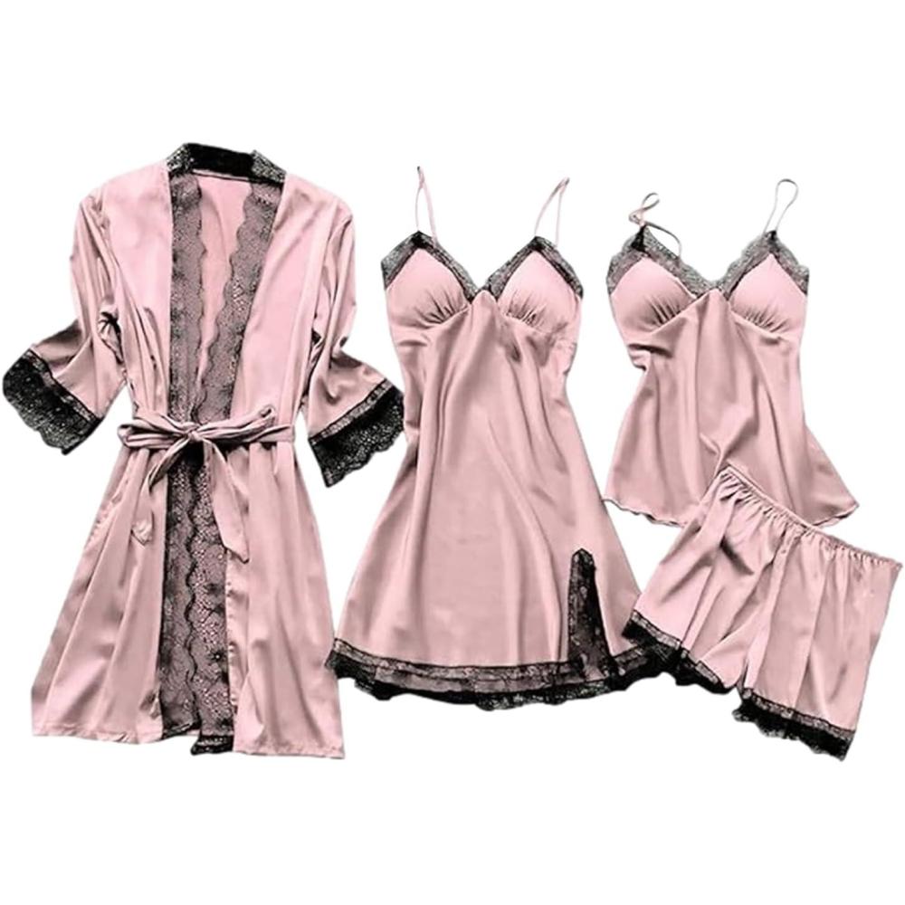 image:imageEnsemble Pyjama en Dentelle Ensemble Pyjama Haut et ShortEnsemble de 4 Chemises de Nuit Peignoir en Dentelle pour Femmes Pyjama pour Filles avec breloque Courbe pour Anniversaire NolRose