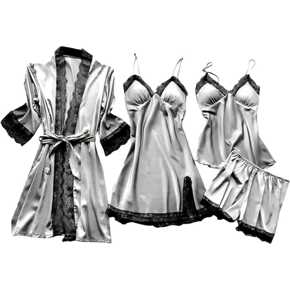 image:imageEnsemble Pyjama en Dentelle Ensemble Pyjama Haut et ShortEnsemble de 4 Chemises de Nuit Peignoir en Dentelle pour Femmes Pyjama pour Filles avec breloque Courbe pour Anniversaire NolGris