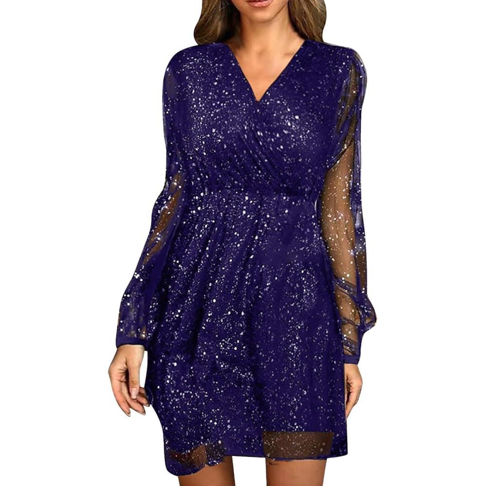 image:imageRobe  Paillettes Femmes Courtes Curvy lgant Nol Robes Nouvel An Manches Longues Dentelle Robe Crmonie Col en V Robe de Soire Nol Vtements Carnaval FteViolet