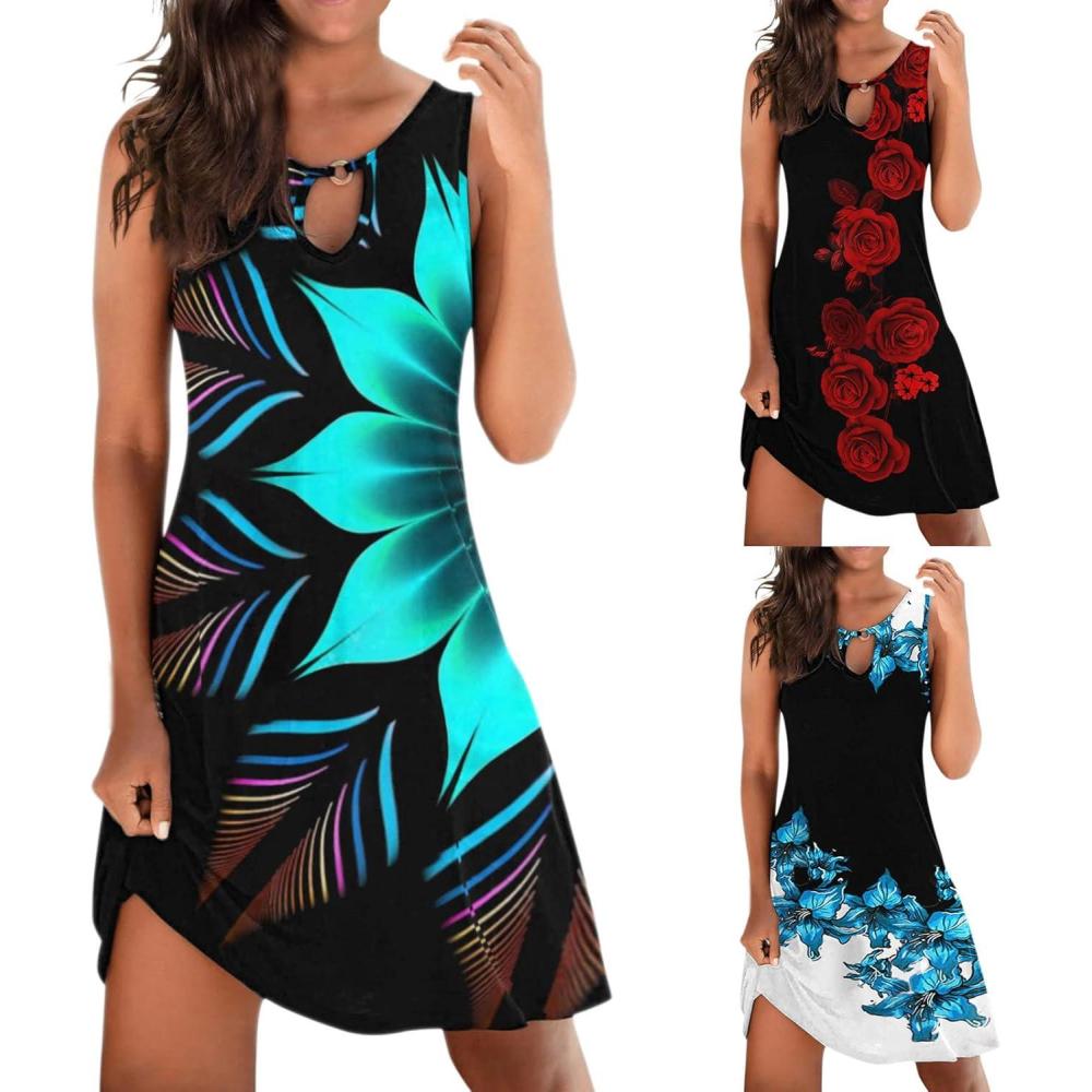 image:imageRobe courbe lgante et courte avec imprim floral sans manches robe midi dcontracte robe bohme robe de plage grande tailleBleu 01