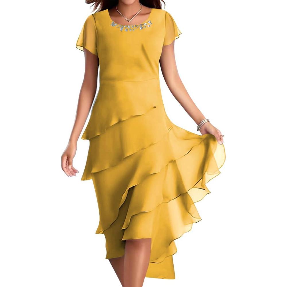 image:imageOnsoyours Femmes Robe en Mousseline De Soie lgante Col Rond Robes Chic Patchwork Mini Robe Club Party Cocktail Dcontract StreetwearB01 Jaune