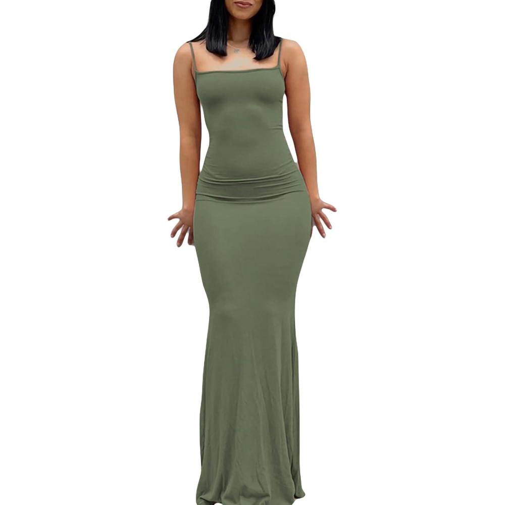 image:imageRobe longue sexy sans manches avec dcoupe dos nu et bretelles spaghetti pour femmeSangle Longue Vert