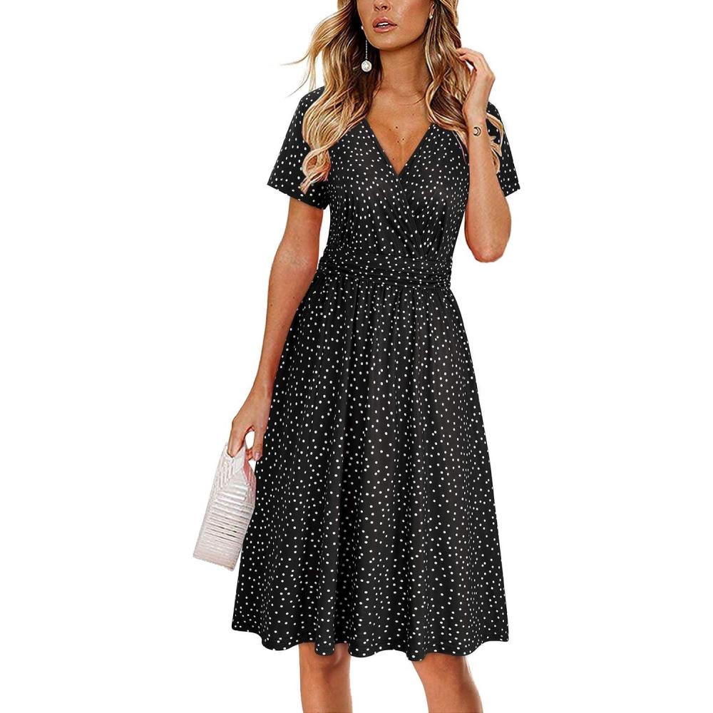 image:imageOUGES Femmes 2025 t Robe Dcontracte Col en V Manches Courtes Dames Printemps Fte des Mres Robe MidiPloka Dot