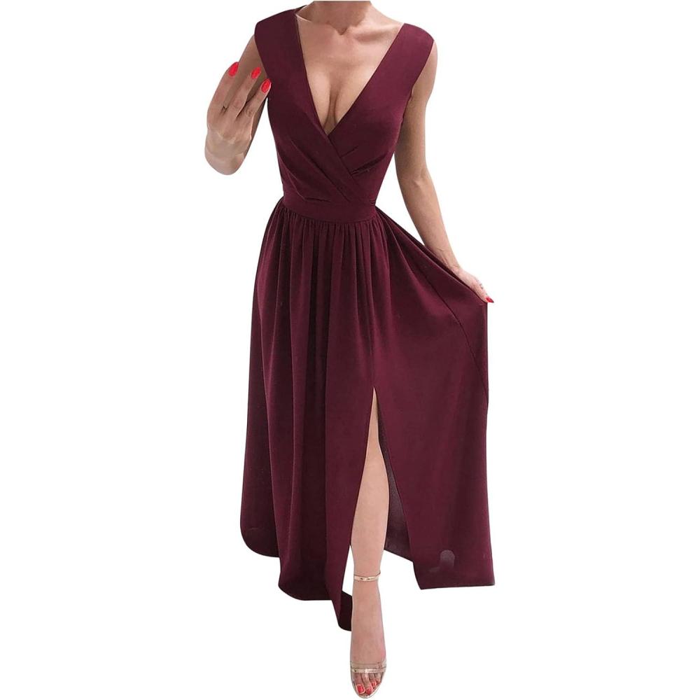 image:imageRobe de soire longue pour femme Robe de bal longue lgante Col en V Robe patineuse courbe Robe de loisirs Robe de plage Robe de bal vintage Robe maxiBordeaux