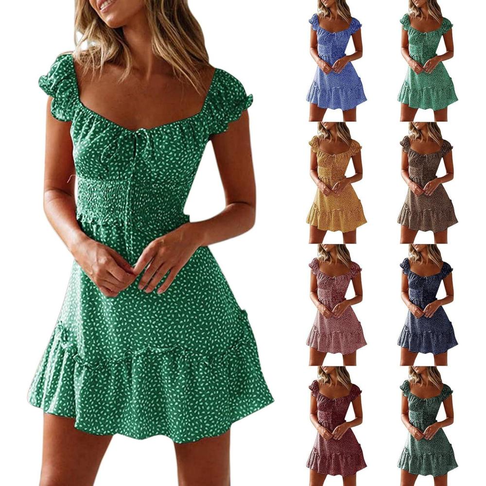 image:imageRobe lgante manches courtes pour femme robe dcontracte et lgante en coton confortable robe midi courbe jupe trapze pour femme avec poche001 Vert