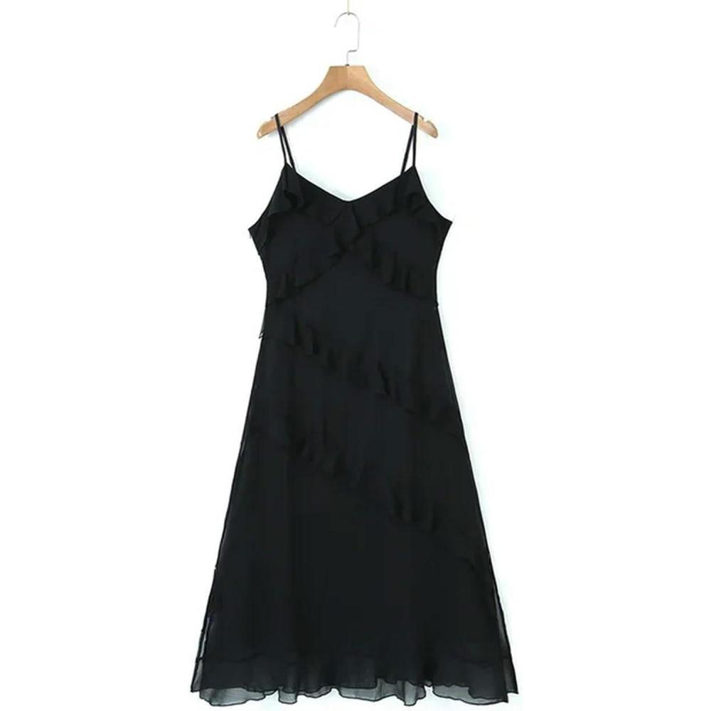 image:imageRobes dt Grande Taille pour Femmes Bretelles Spaghetti col en V Volants Ourlet Fendu Une pice Robe courbevert4XLNoir