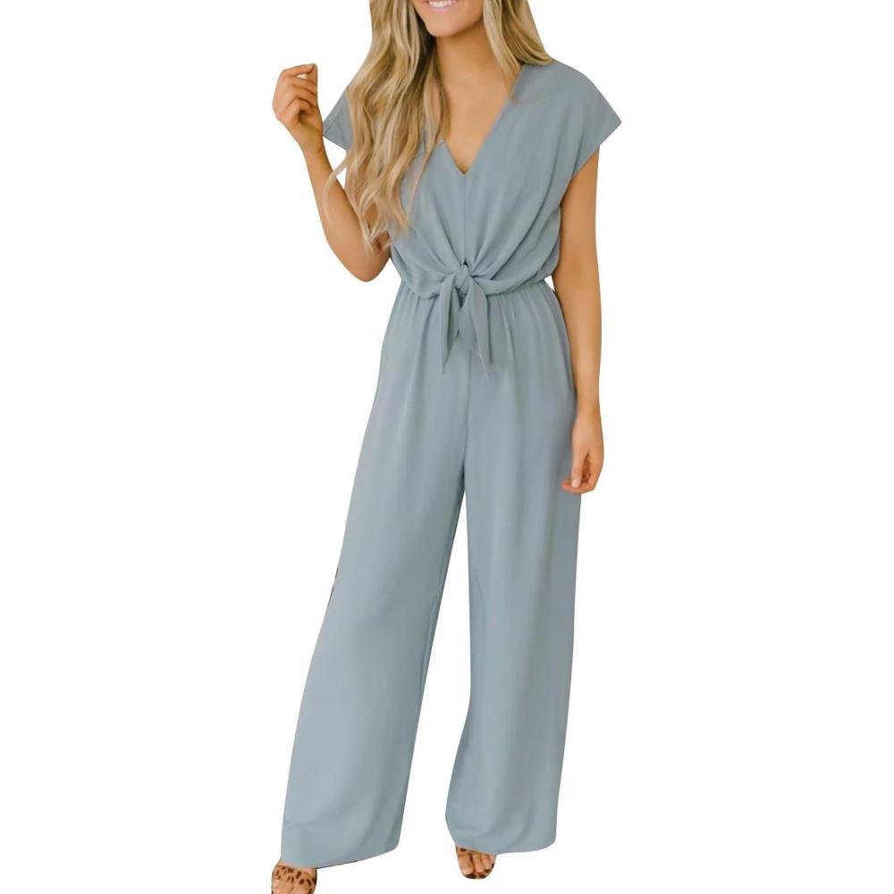 image:imageSalopette Femme lgant Curvy Pantalon de Combinaison Femme Baggy Overall Sans Manches Col en V Complet Jambe Large Longue Combinaisons Femme lgant Chic Rompers Robe Casual Cocktailbleu ciel