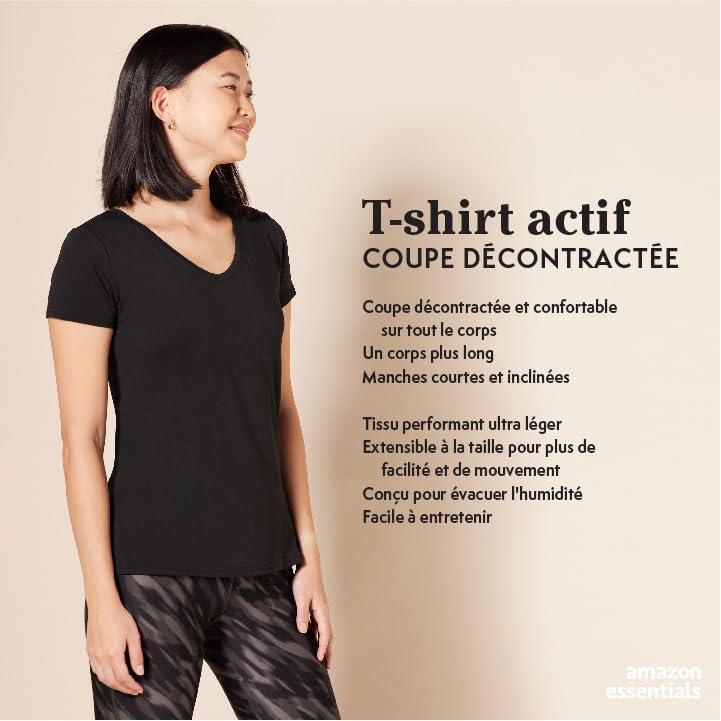 image:imageAmazon Essentials Femme TShirt Stretch et Quick Dry Col en V et Manches Courtes Disponible en Grande TailleBleu Marine ChinNoir Chin
