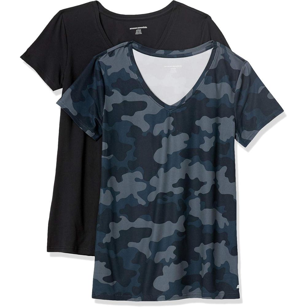image:imageAmazon Essentials Femme TShirt Stretch et Quick Dry Col en V et Manches Courtes Disponible en Grande TailleBleu Marine CamouflageNoir