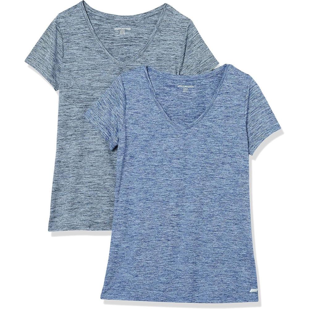 image:imageAmazon Essentials Femme TShirt Stretch et Quick Dry Col en V et Manches Courtes Disponible en Grande TailleBleu Marine ChinNoir Chin