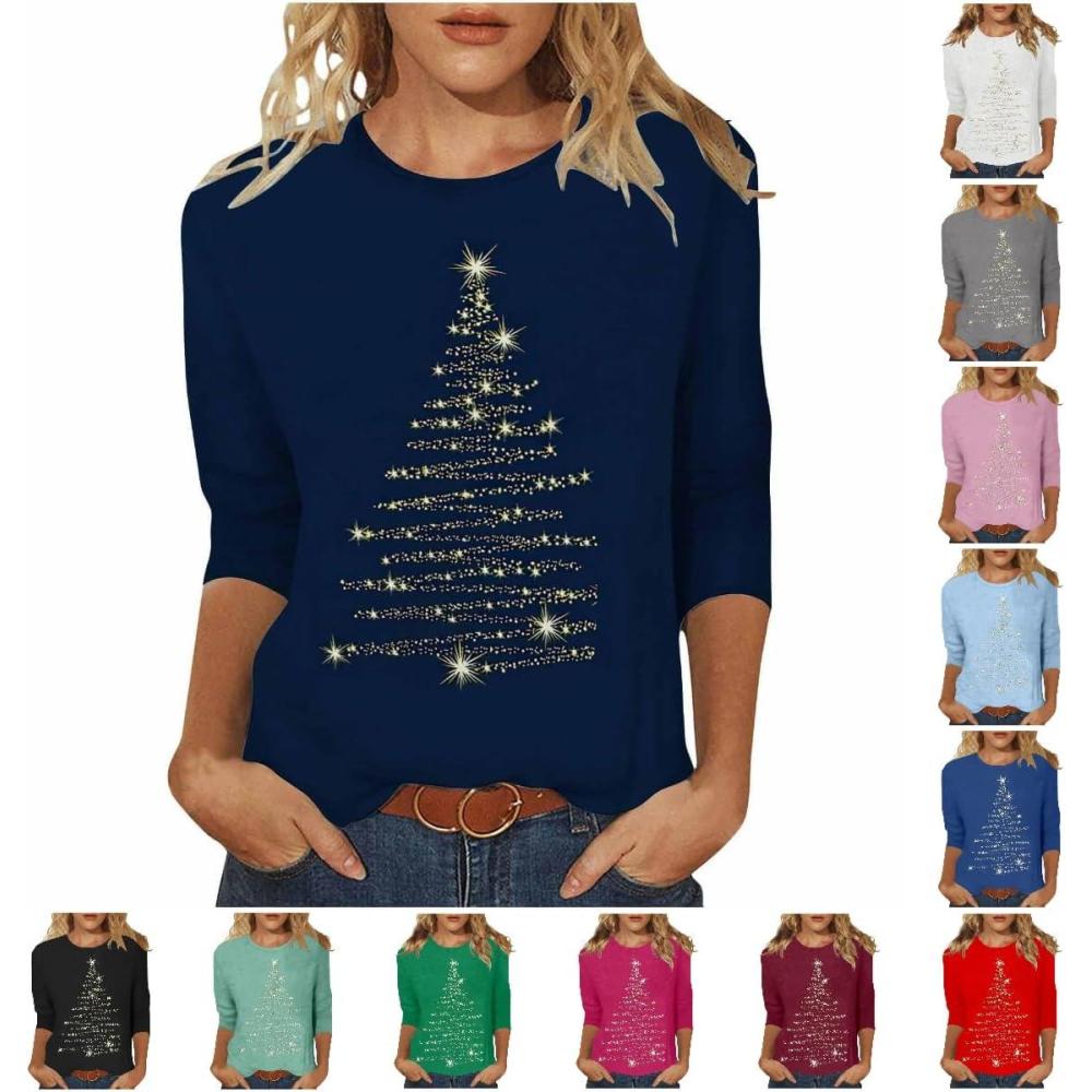 image:imageTshirt de Nol pour femme manches 34 col rond Tshirt de Nol drle Tshirt de Nol lgant Pull de Nol Imprim Ugly Motif de Nol Sweatshirt Automne Manches Longues Hauts S5XL XmasMarque Weina