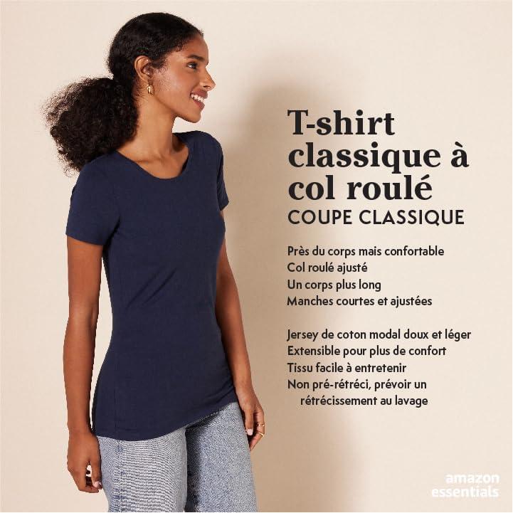 image:imageAmazon Essentials TShirt Manches Courtes Coupe Standard RasdeCou et Col en V Femme Packs MultiplesBlancBleu MarineCharbon ChinNoir