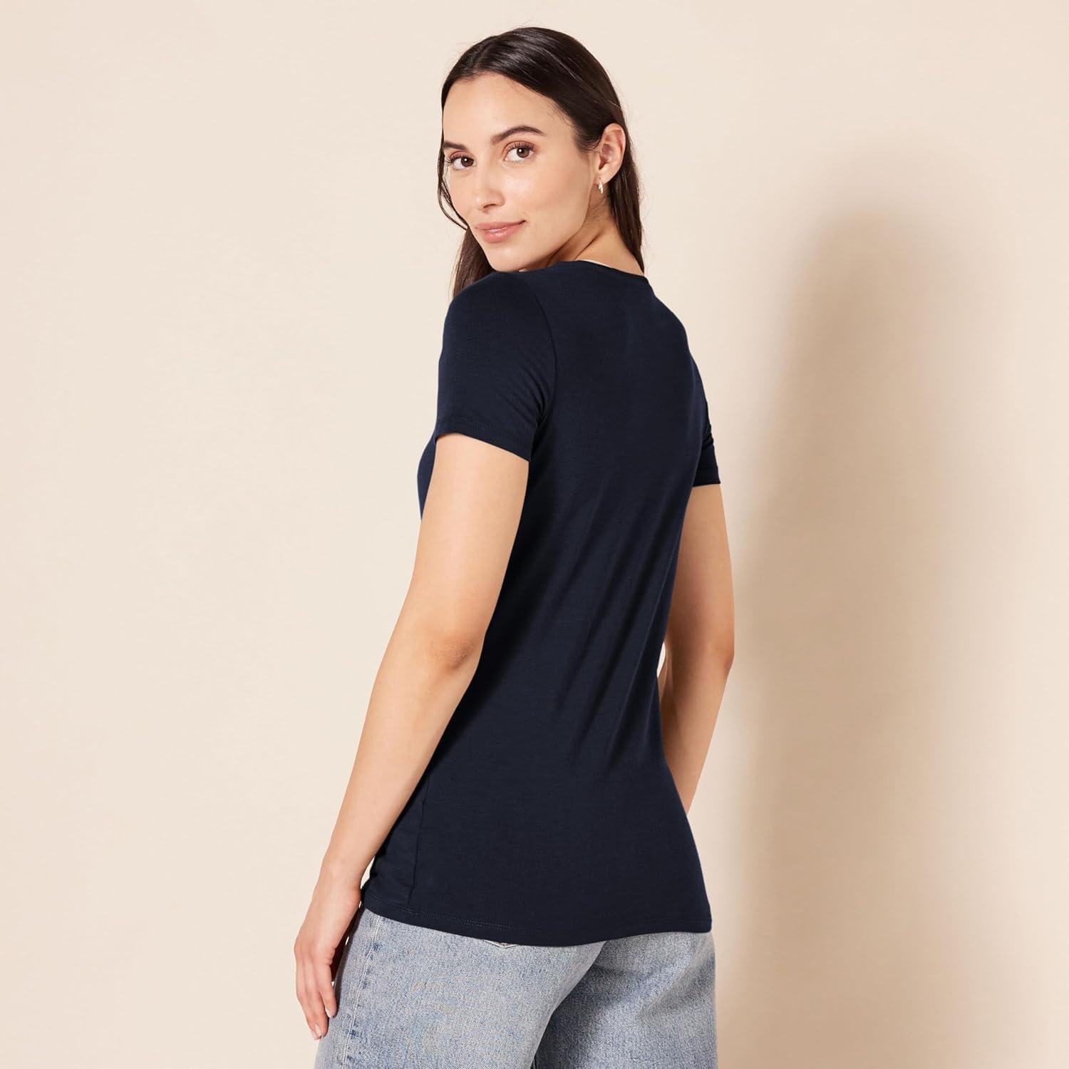 image:imageAmazon Essentials TShirt Manches Courtes Coupe Standard RasdeCou et Col en V Femme Packs MultiplesBlancBleu MarineCharbon ChinNoir