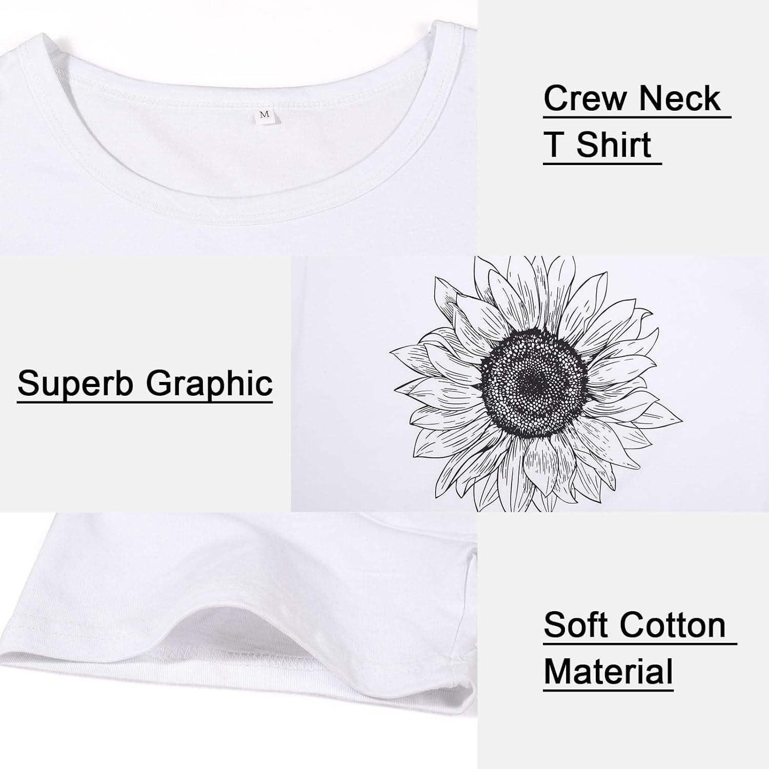 image:imageheekpek Femme T Shirt Blanc Chic T Shirts Col Rond Haut Manches Courtes Ete T Shirt Coton Tee Shirt Imprim pour Femmes FilesTournesol Noir
