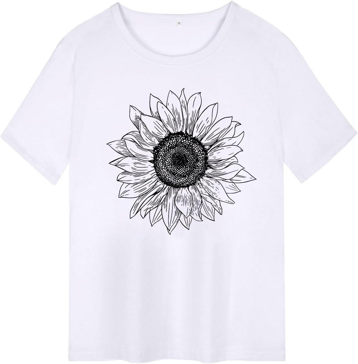 image:imageheekpek Femme T Shirt Blanc Chic T Shirts Col Rond Haut Manches Courtes Ete T Shirt Coton Tee Shirt Imprim pour Femmes FilesTournesol Noir