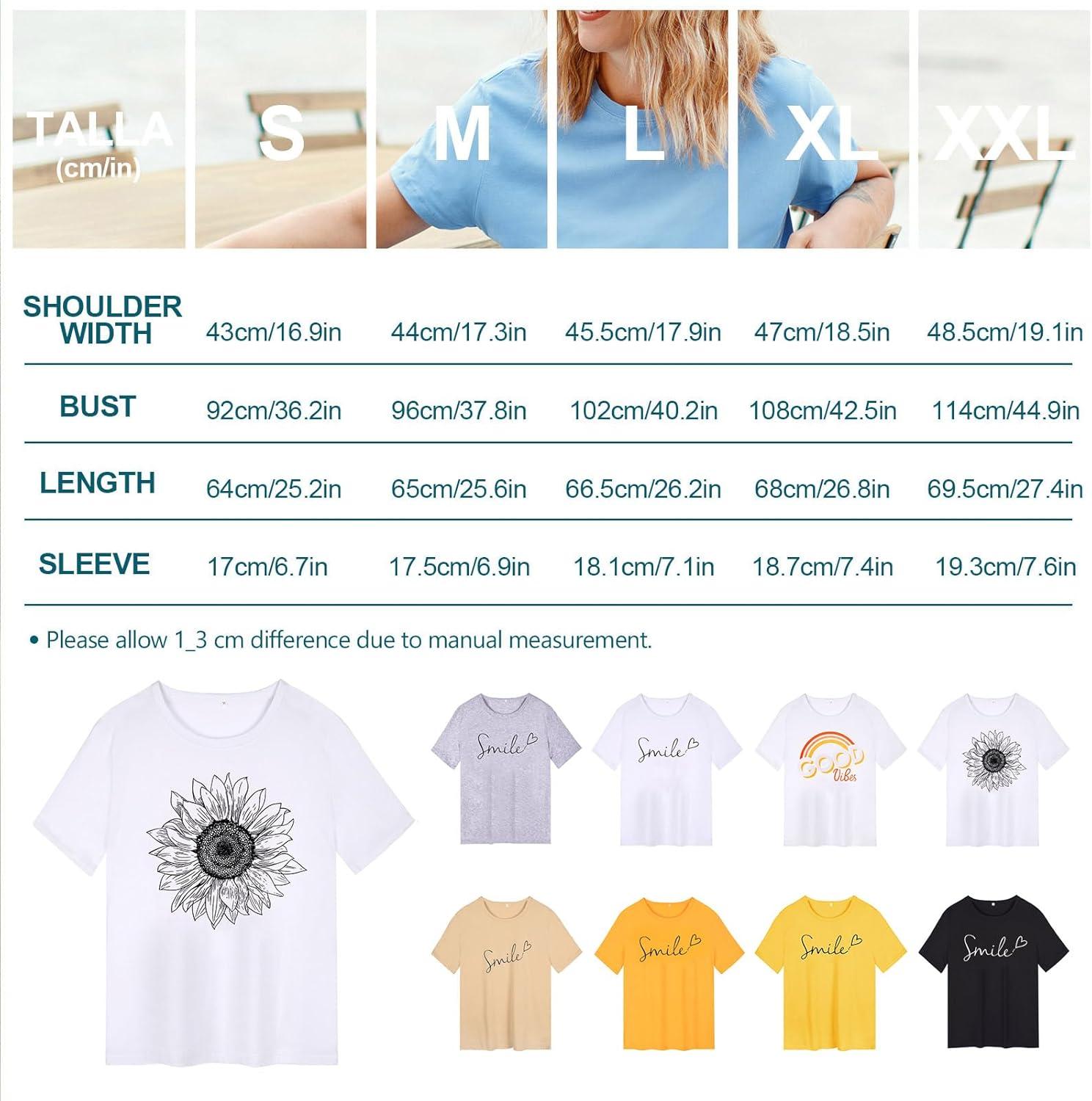 image:imageheekpek Femme T Shirt Blanc Chic T Shirts Col Rond Haut Manches Courtes Ete T Shirt Coton Tee Shirt Imprim pour Femmes FilesTournesol Noir