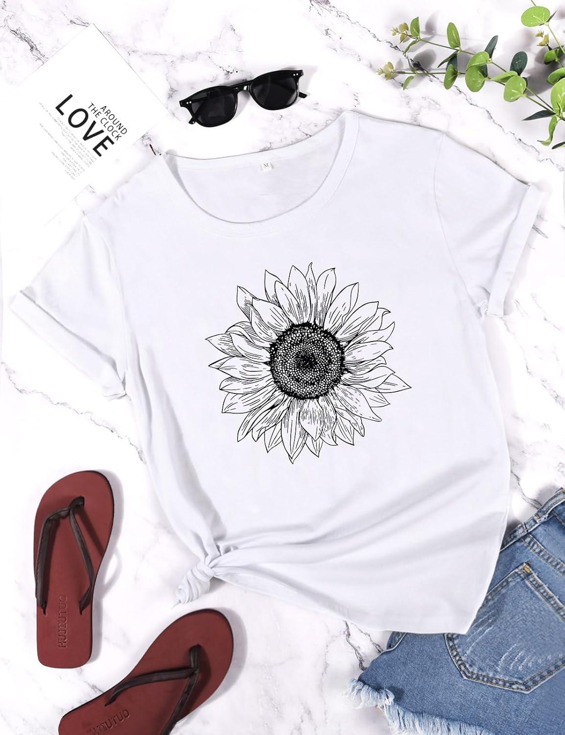 image:imageheekpek Femme T Shirt Blanc Chic T Shirts Col Rond Haut Manches Courtes Ete T Shirt Coton Tee Shirt Imprim pour Femmes FilesTournesol Noir