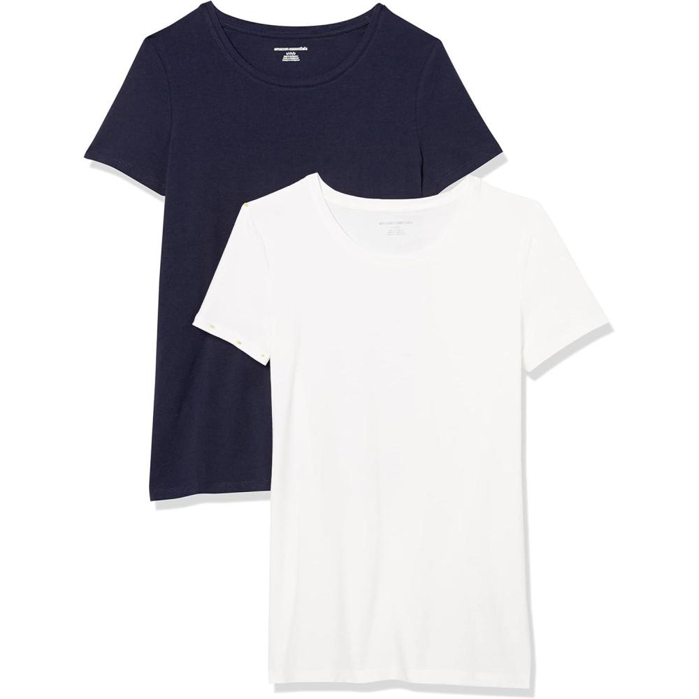 image:imageAmazon Essentials TShirt Manches Courtes Coupe Standard RasdeCou et Col en V Femme Packs MultiplesBlancBleu Marine
