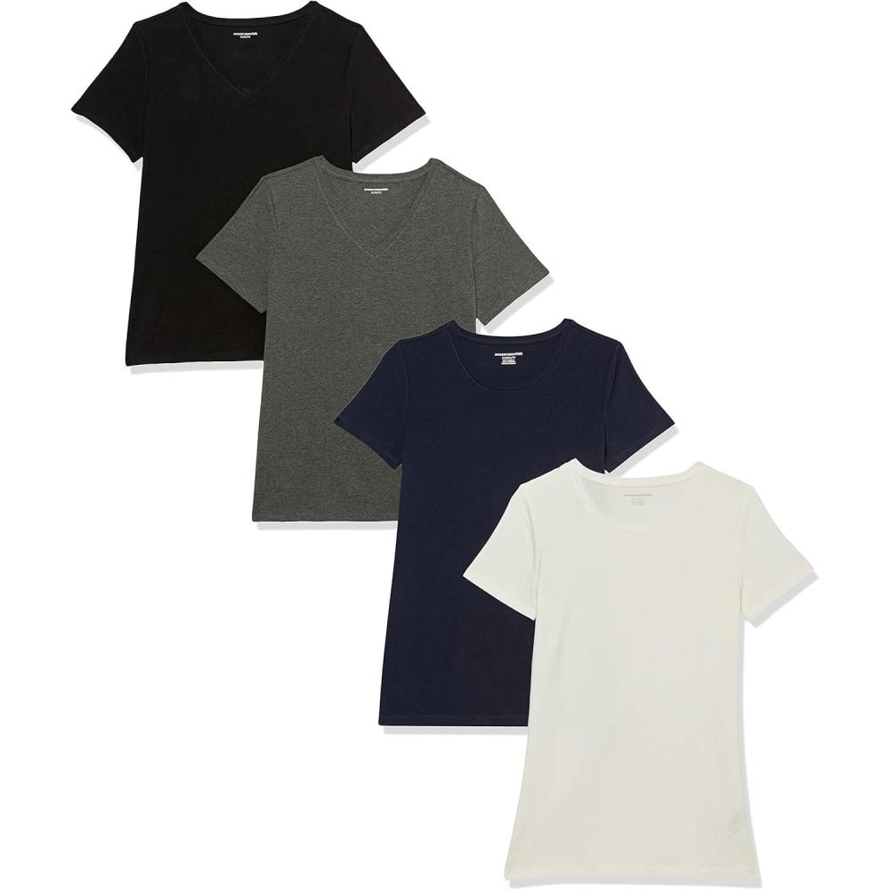 image:imageAmazon Essentials TShirt Manches Courtes Coupe Standard RasdeCou et Col en V Femme Packs MultiplesBlancBleu MarineCharbon ChinNoir