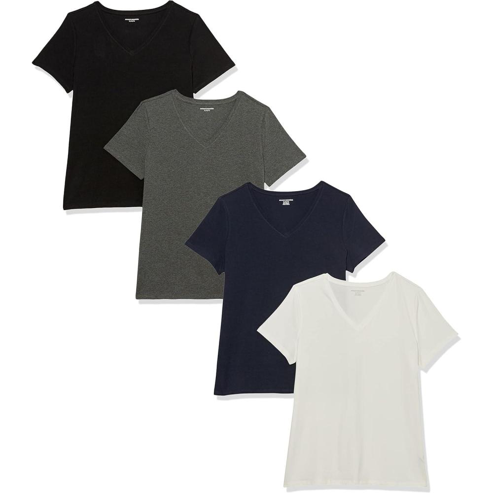 image:imageAmazon Essentials TShirt Manches Courtes Coupe Standard RasdeCou et Col en V Femme Packs MultiplesBlancCharbon ChinBleu Marine