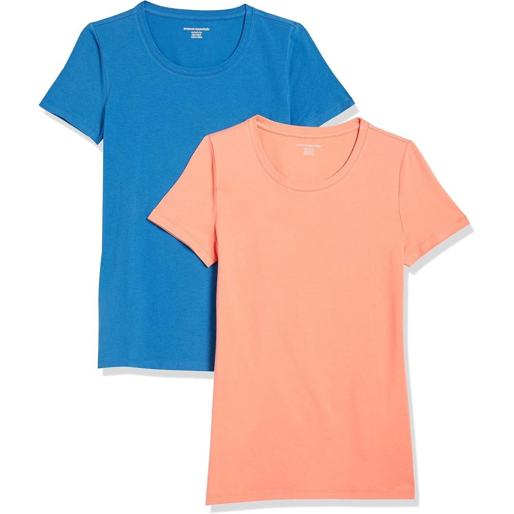 image:imageAmazon Essentials TShirt  Manches Courtes Coupe Standard RasdeCou et Col en V Femme Packs MultiplesBleuOrange Corail