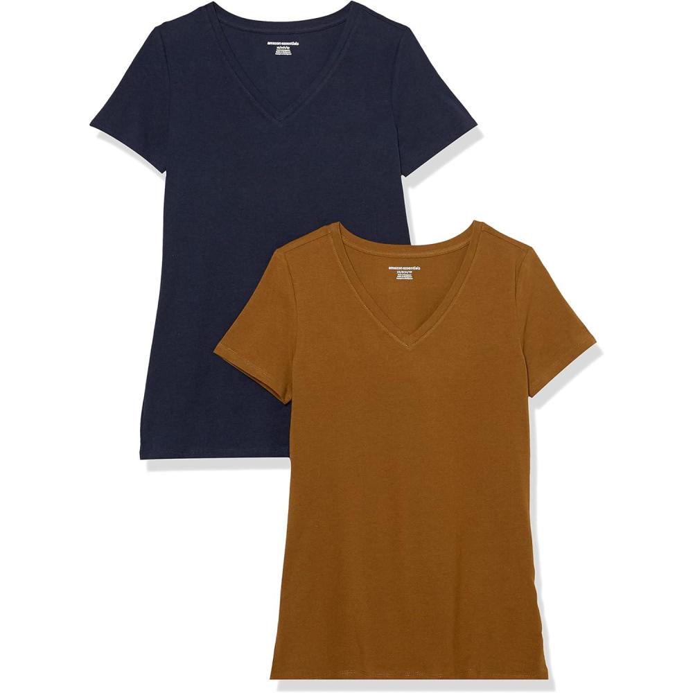 image:imageAmazon Essentials TShirt  Manches Courtes Coupe Standard RasdeCou et Col en V Femme Packs MultiplesBrun Chtaigne FoncBleu Marine