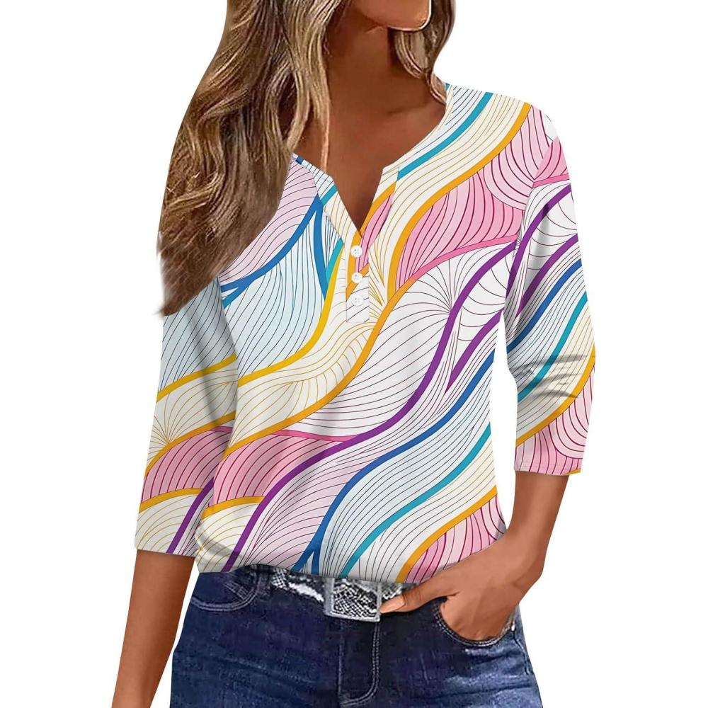 image:imageHUIFUAO Tshirts dt boutons pour femme col en V manches 34 haut ray color coupe ampleZ33 Rose