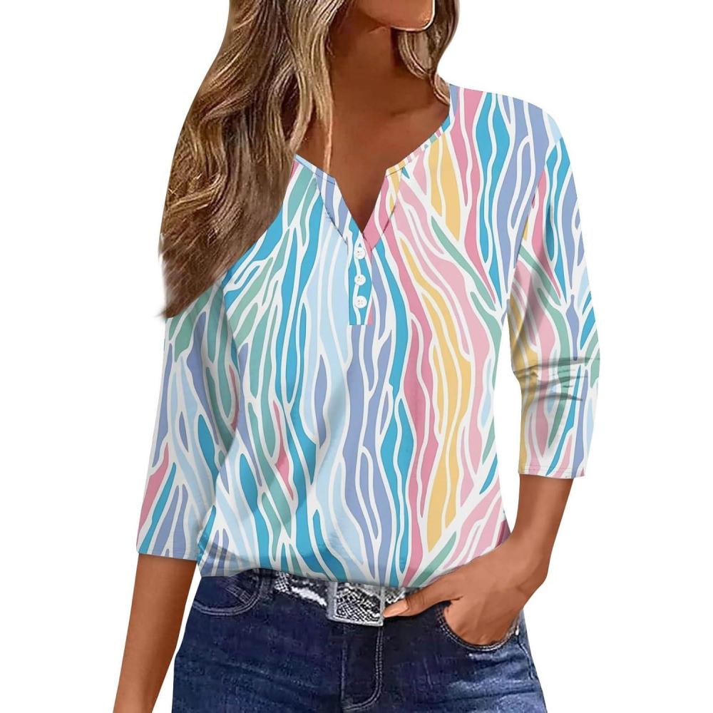 image:imageHUIFUAO Tshirts dt boutons pour femme col en V manches 34 haut ray color coupe ampleZ34 Bleu