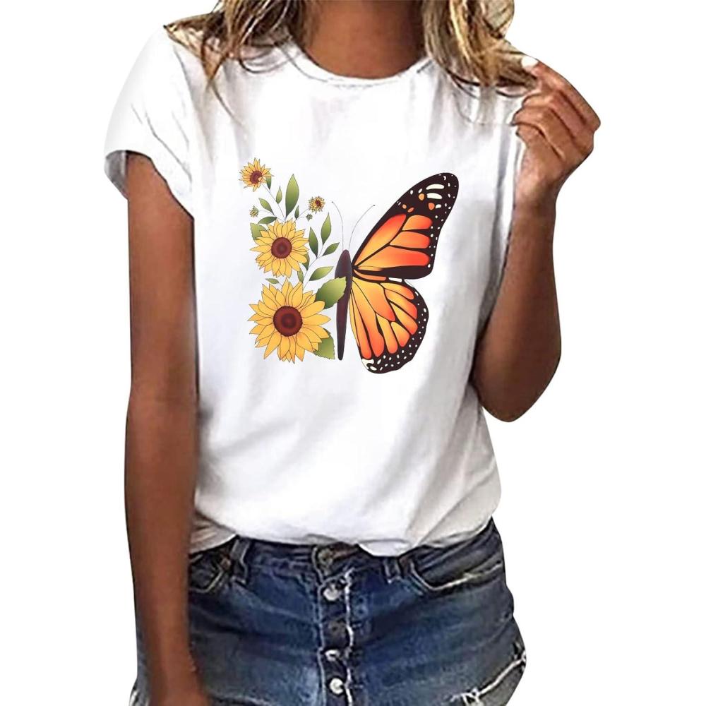 image:imageheekpek Femme T Shirt Blanc Chic T Shirts Col Rond Haut Manches Courtes Ete T Shirt Coton Tee Shirt Imprim pour Femmes FilesTournesol