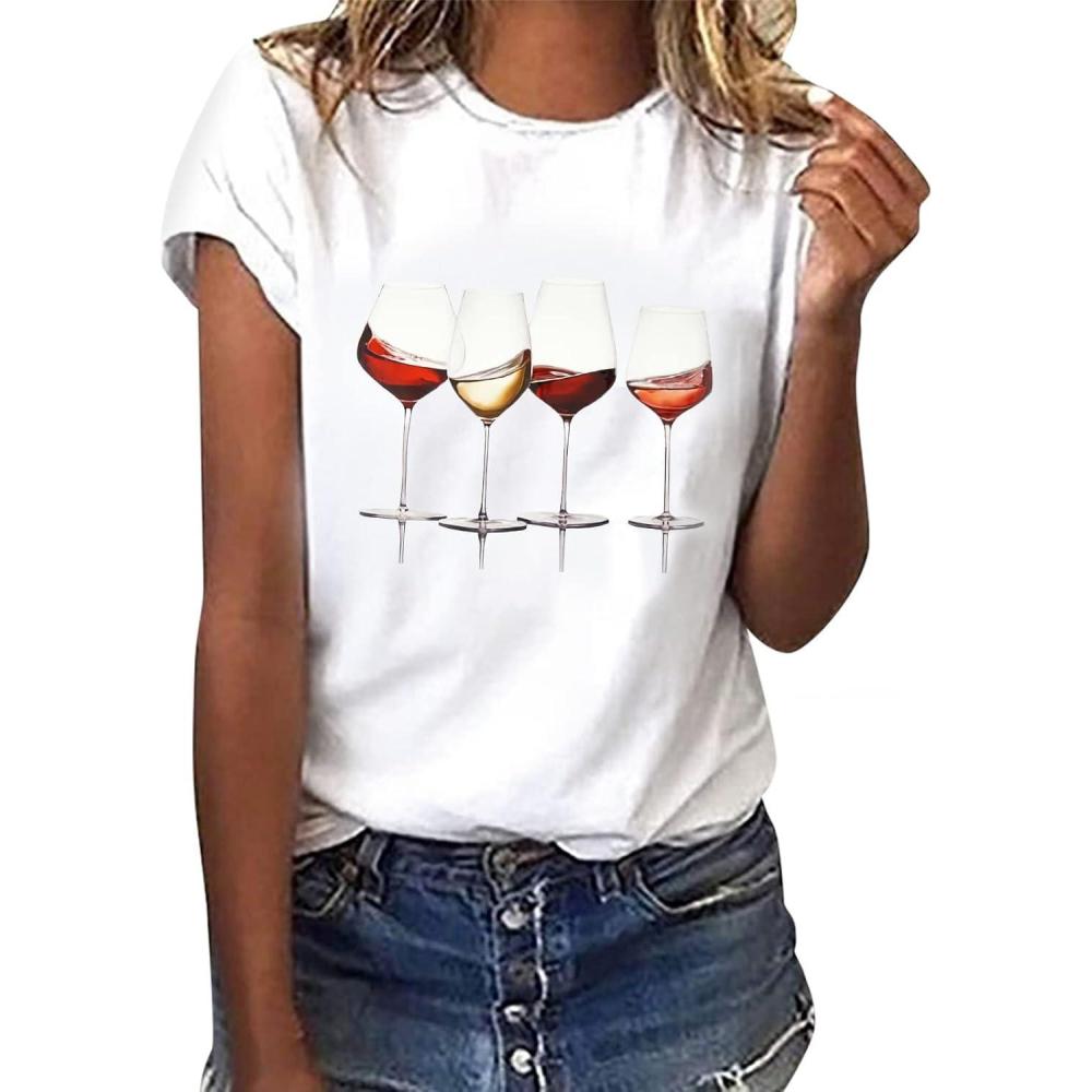image:imageheekpek Femme T Shirt Blanc Chic T Shirts Col Rond Haut Manches Courtes Ete T Shirt Coton Tee Shirt Imprim pour Femmes FilesVerre de Vin