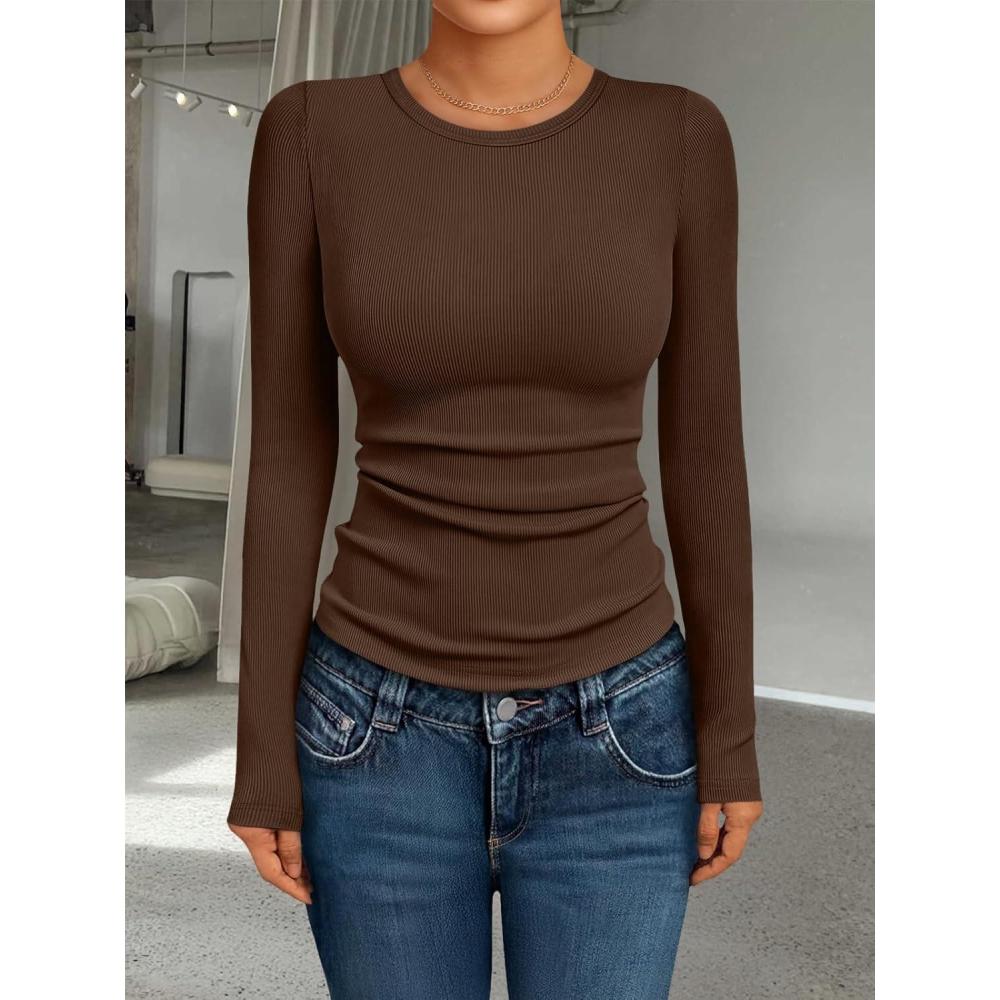 image:imageChemises dautomne manches longues cteles et col rond pour femmes hauts ajusts dcontracts sousvtements tshirts basiques minces 2025Marron