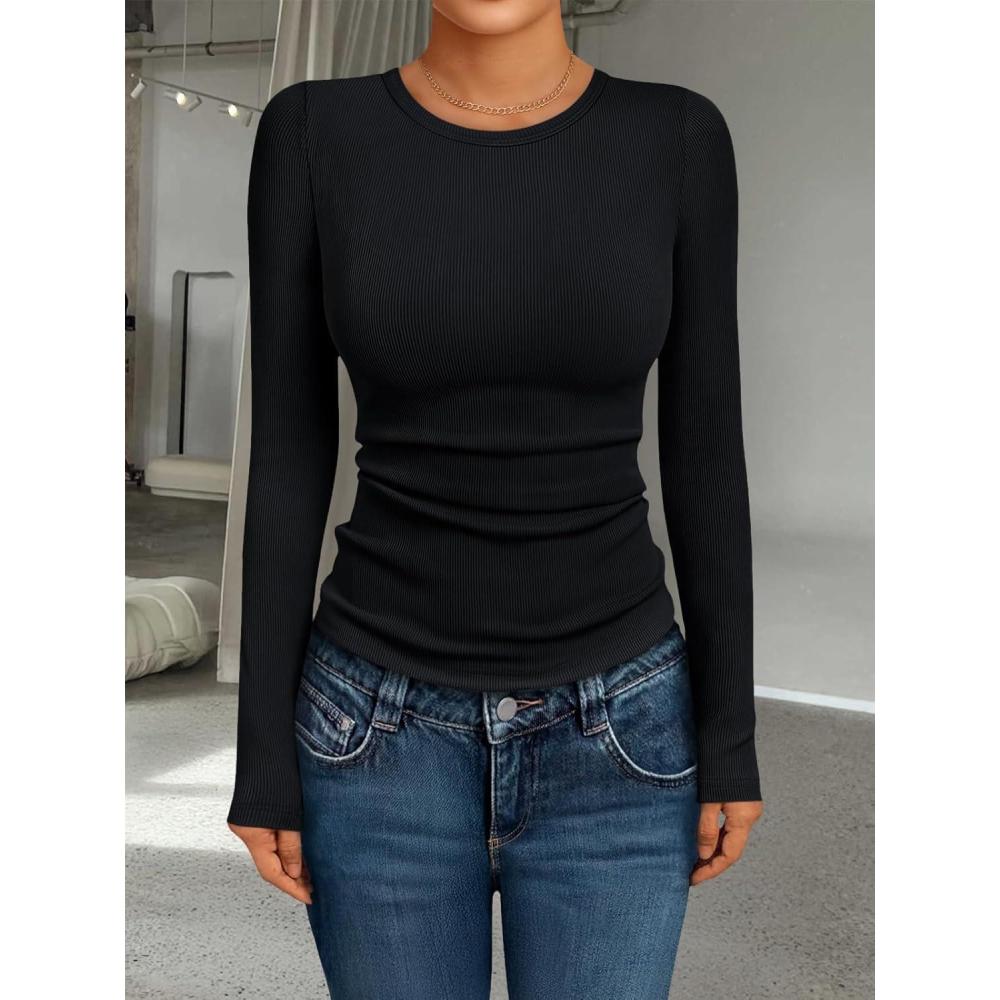 image:imageChemises dautomne manches longues cteles et col rond pour femmes hauts ajusts dcontracts sousvtements tshirts basiques minces 2025Noir