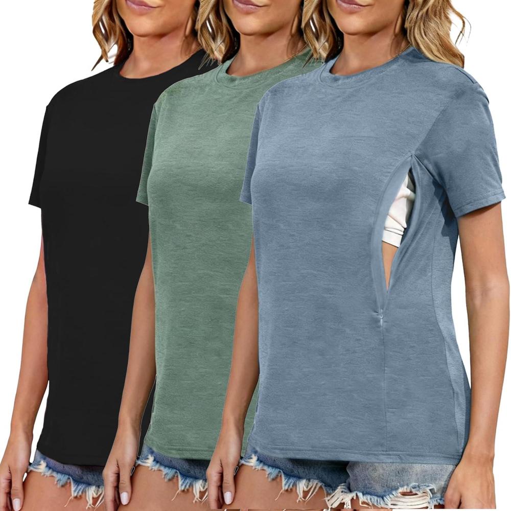 image:imageLove2Mi Lot de 3 ou 4 tshirts dallaitement avec fermeture clair cache ouverture dallaitement court tshirt dallaitement pour femmes enceintesBleu Bruyer Vert Chin et Noir